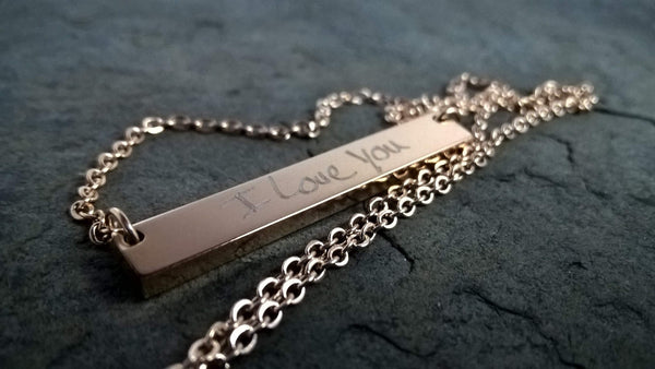 Engraved Handwritten Necklace,  Personalized Handwriting Jewelry, Custom Bar, Actual handwriting engraved, Real Hand Lettering Gift, Script - OpenHaus Gifts